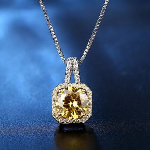 Sterling Silver 925 Citrine Halo Pendant Necklace - Picture 1 of 4